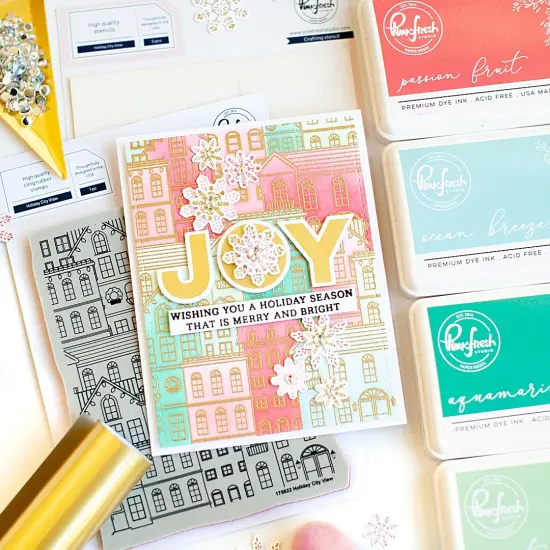 Pinkfresh Studio Stencils 4.25"X5.25" 5/Pkg-Holiday City View Layering {4}