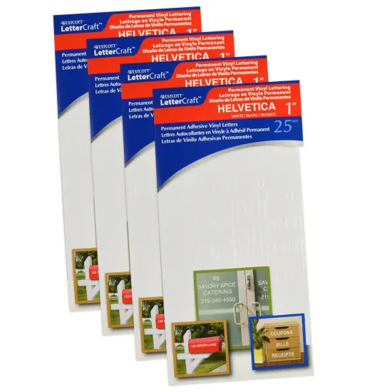 LetterCraft Permanent Vinyl Lettering, Helvetica, 1-Inch, White, 177 Per Pack, 4 Packs {1}