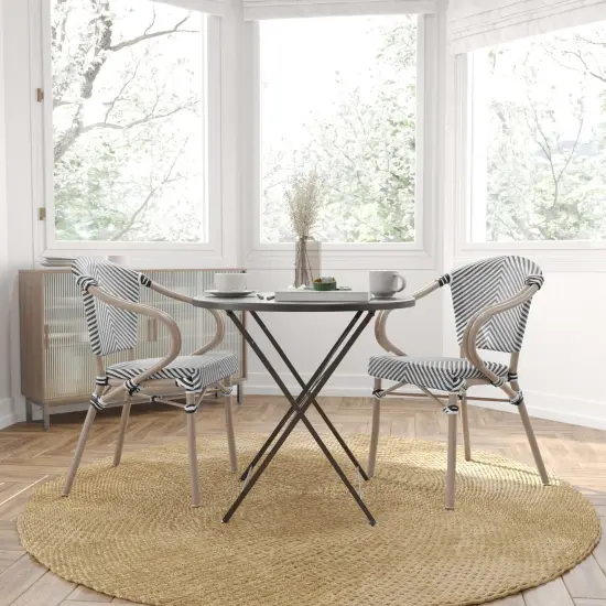 Merrick Lane Mael Set of Two Stacking Thonet Bistro Style Chair with Arms, Textilene Seat, and Bamboo Finished Metal Frame for Indoor/Outdoor Use Black/Natural Frame {7}