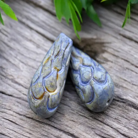 *6* 25x12mm Alabaster Blue Lazure Mermaid Scale Large Drop Beads {1}