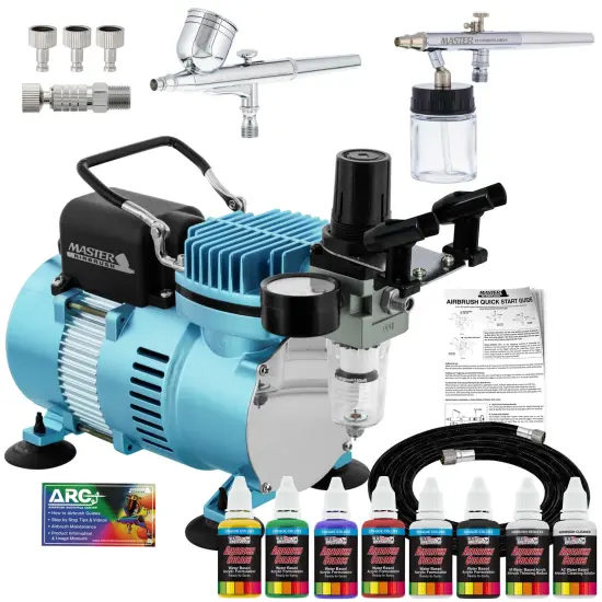Cool Runner II Dual Fan Air Compressor Airbrushing System Kit with 2 Airbrushes - 6 Primary Colors Acrylic Paint Artist Set - How To Guide {1}