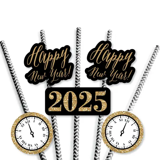 Big Dot of Happiness New Year's Eve - Gold Paper Straw Decor - 2025 New Years Eve Party Striped Decorative Straws - Set of 24 {7}