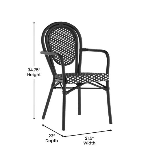 Merrick Lane Celia Set of Four Stacking Thonet Bistro Style Chair with Arms, PE Rattan Seat, and Metal Frame for Indoor/Outdoor Use White&Navy/Natural {11}