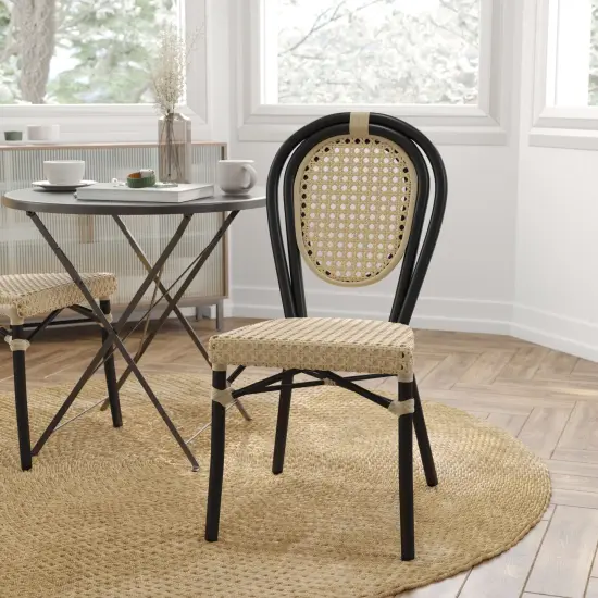 Merrick Lane Toulon Stacking Thonet Bistro Style Chair, PE Cane Rattan Seat, and Metal Frame for Indoor/Outdoor Use Natural/Black Frame {1}