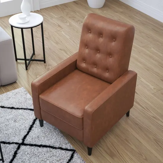 Merrick Lane Darcy Recliner Chair Mid-Century Modern Faux Leather Tufted Upholstery Ergonomic Push Back Living Room Recliner Cognac Brown {3}