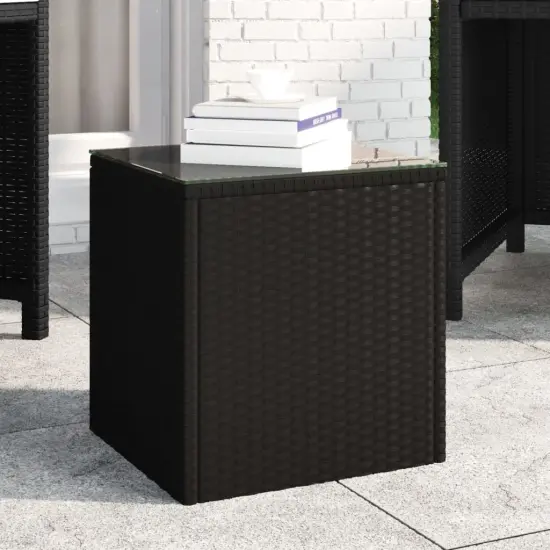 vidaXL Side Table Black 15.7"x14.6"x15.9" Poly Rattan and Tempered Glass {1}