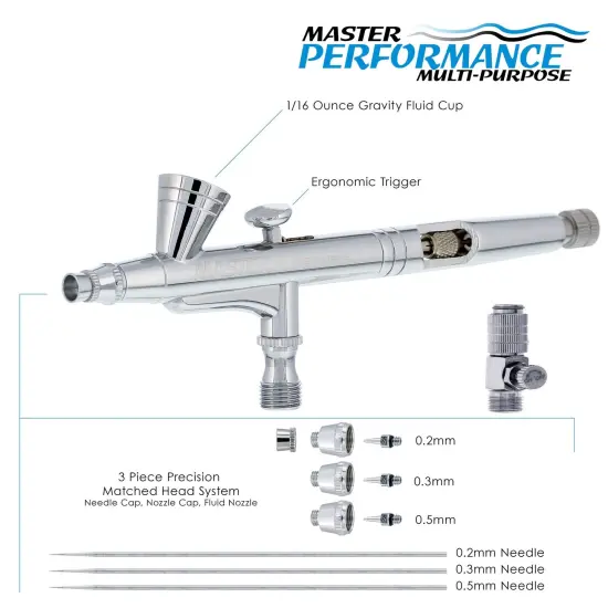 Master Performance G266 Pro Set Dual-Action Gravity Feed Airbrush Set with 3 Nozzle Sets (0.2, 0.3 & 0.5 mm) 1/16 oz Cup & Cutaway Handle, 6ft Hose {2}