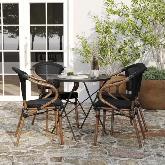 Merrick Lane Mael Set of Four Stacking Thonet Bistro Style Chair with Arms, Textilene Seat, and Bamboo Finished Metal Frame for Indoor/Outdoor Use Black/Natural Frame {3}