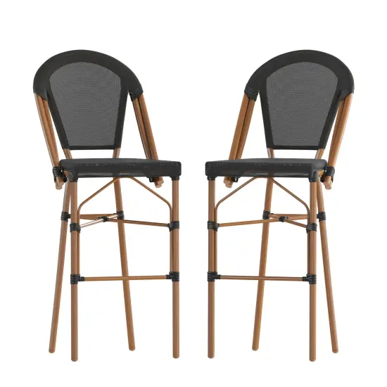 Merrick Lane Mael Set of Two Stacking Bistro Style Bar Stools with Textilene Backs and Seats and Metal Frames for Indoor/Outdoor Use Black/Natural Frame {2}