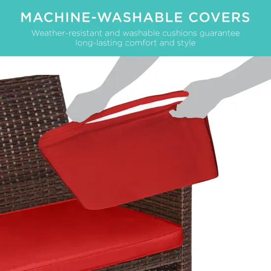 Best Choice Products 4-Piece Outdoor Wicker Patio Conversation Furniture Set w/ Table, Cushions Brown/Red {5}