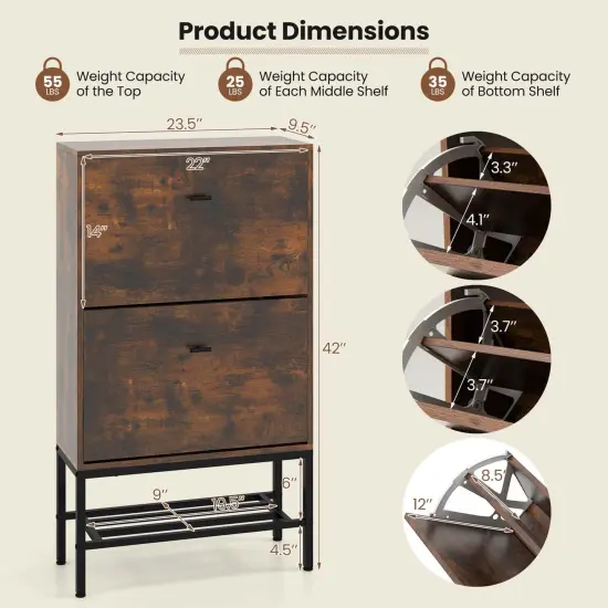 Costway Industrial Shoe Storage Cabinet with 2 Flip Drawers 1 Bottom Metal Shelf Organizer {3}