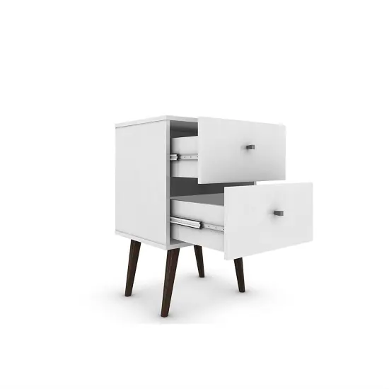 2-Drawer White Nightstand in Mid-Century Modern Style for Bedroom {2}