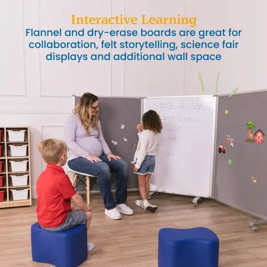 Mobile Dry-Erase and Flannel Room Divider, 3-Panel, School Supplies Grey {4}