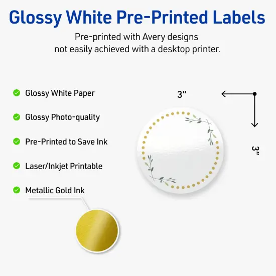 Avery Printable Round Labels, Gold Dots with Green Florals, 3" Diameter, Glossy White Round Labels, Permanent, Laser/Inkjet, 60ct, Great for Product Labels {2}