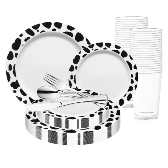 White with Black Dalmatian Spots Round Disposable Plastic Wedding Value Set (20 Settings) {1}