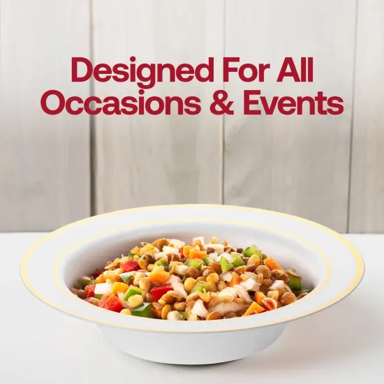 White with Gold Edge Rim Plastic Soup Bowls - 12 oz. (120 Bowls) {6}