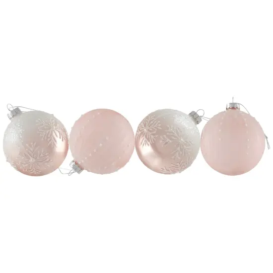 Northlight Snowflakes Glass Ball Christmas Ornaments - 3" (80mm) - Pink and White- 4ct {5}
