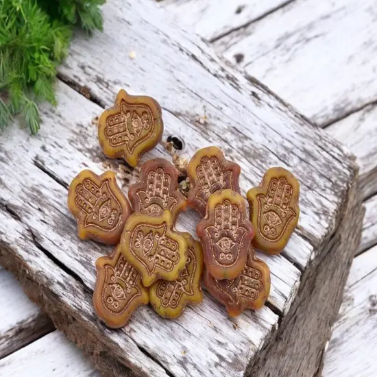 *10* 15x14mm Bronze Patina Washed Matte Varigated Orange Topaz Hamsa Hand Beads {1}