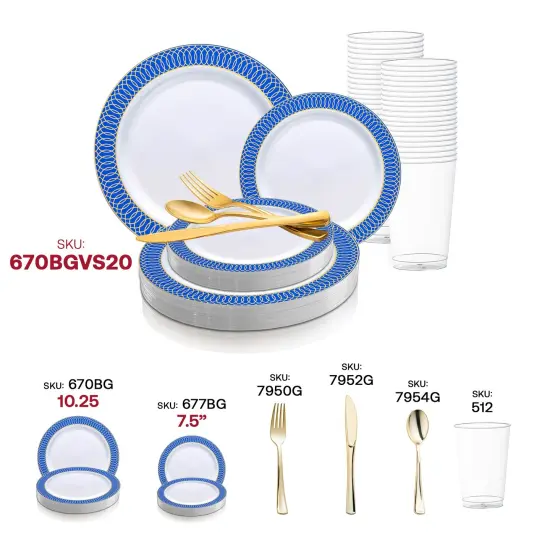 White with Gold Spiral on Blue Rim Plastic Wedding Value Set (60 Settings) {5}