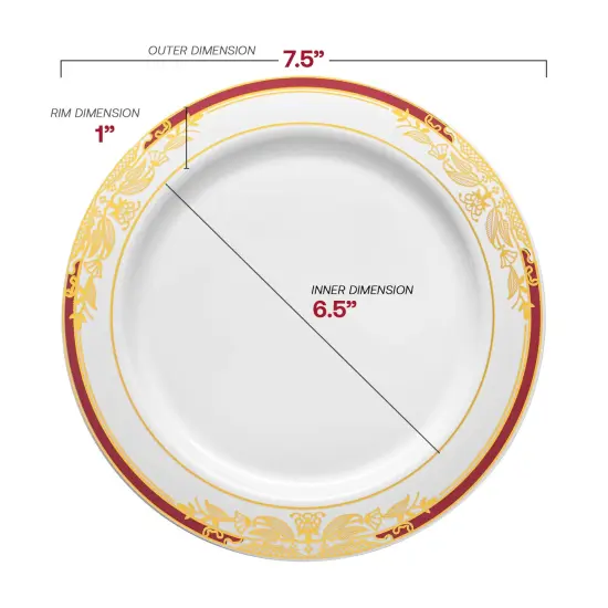 White with Burgundy and Gold Harmony Rim Plastic Dinnerware Value Set (120 Guests) {4}