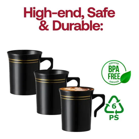 Black with Gold Edge Rim Round Plastic Coffee Mugs - 8 oz. (120 Mugs) {5}
