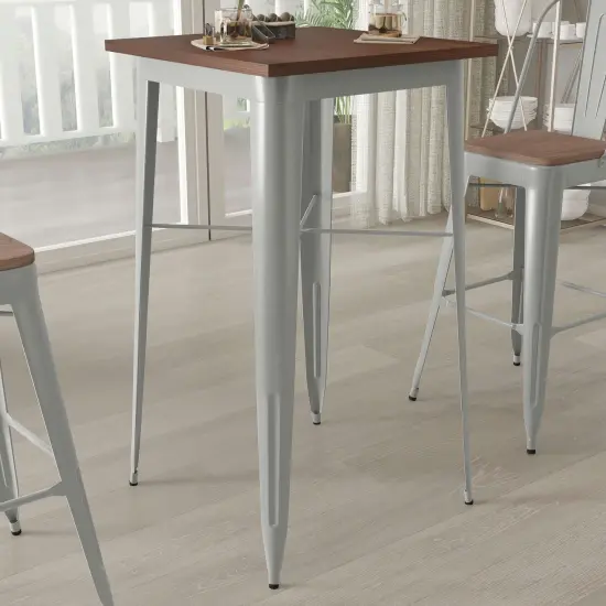 Merrick Lane Modern 23.5" Square Metal Table with Rustic Wood Top for Indoor Use Black {9}