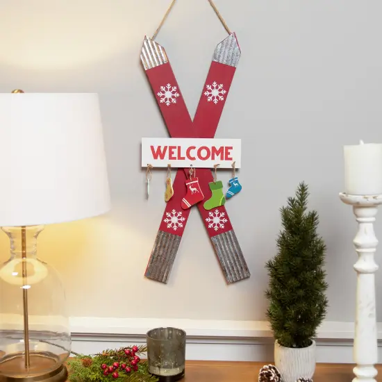 Northlight Wooden Welcome Skis with Christmas Stockings Hanging Decoration - 23.5" Red {1}