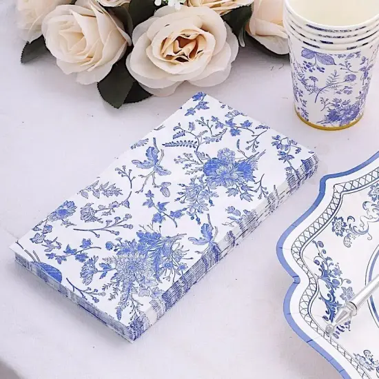 20 White 2 Ply Disposable Dinner Paper NAPKINS Blue Floral Design Party Events {3}