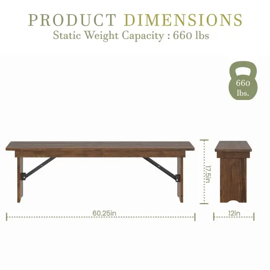 Merrick Lane Tinsley 60" x 12" Solid Pine Folding Farmhouse Style Bench, Rustic Pinewood Folding Dining Bench with Locking Legs Antique Rustic {6}