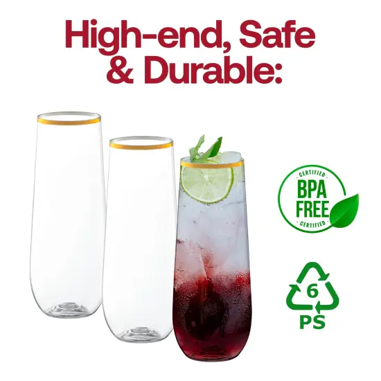 Clear with Gold Stemless Plastic Champagne Flutes - 9 oz. (64 Glasses) {4}