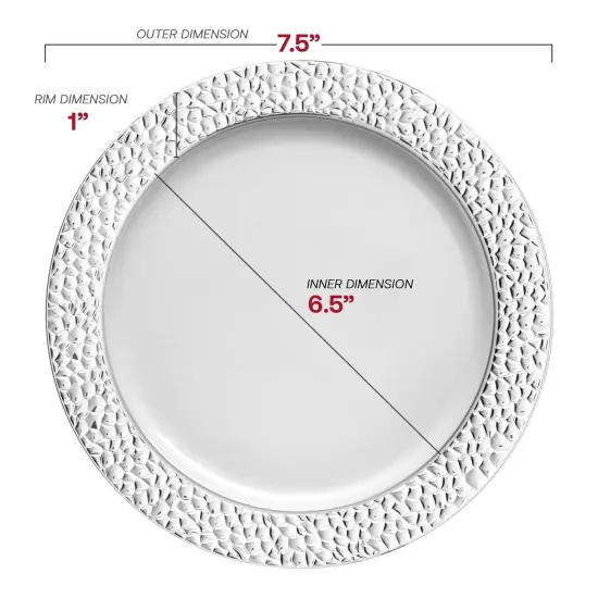 White with Silver Hammered Rim Round Plastic Appetizer/Salad Plates - 7.5" (120 Plates) {3}