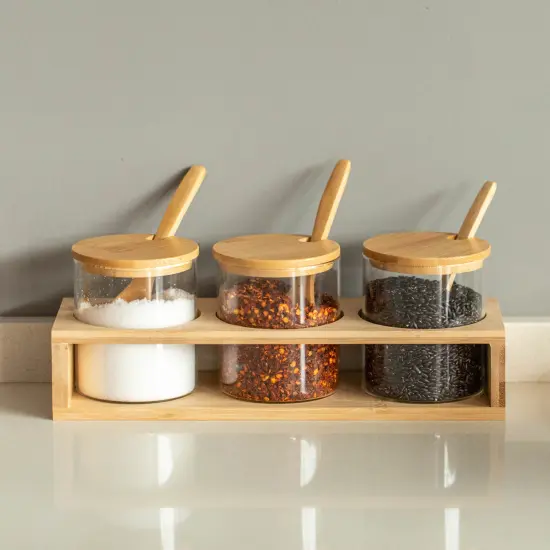 Basicwise 3-Piece Glass Containers with Bamboo Lids and Tray Holder &ndash; Decorative Storage for Condiment Pots and Spice Jars - Coffee Station Accessories, Perfect Organizer for Home Kitchen or Caf&eacute; {2}