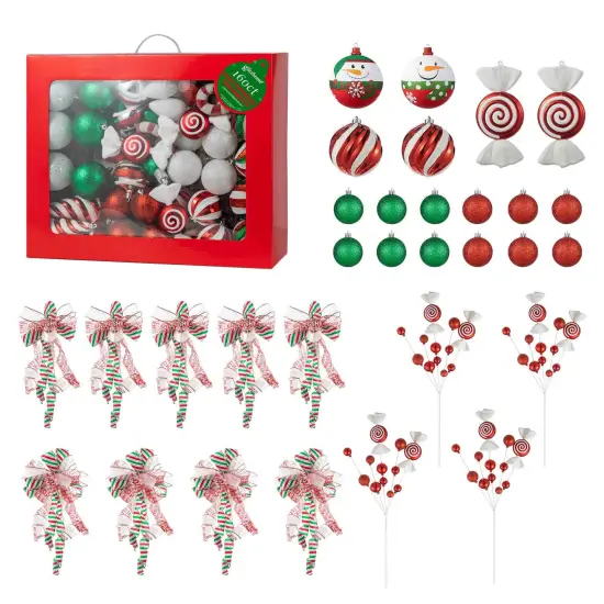 Set of 191 Christmas New Year Ball Shatterproof Ornaments with Candy Picks & Ribbon Bows {1}