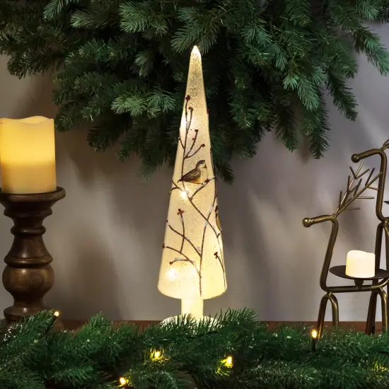 Northlight LED Lighted Birds on Branches Frosted Glass Cone Christmas TreeDecoration - 16" White {1}