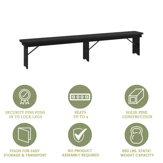 Merrick Lane Tinsley 96" x 12" Solid Pine Folding Farmhouse Style Bench Black Wash {4}