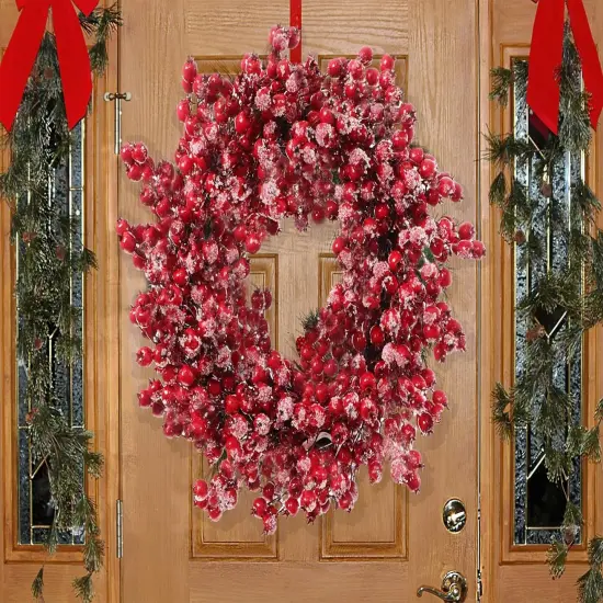 22" Red Frosted Berry Wreath - 22-Inch Iced Hawthorn Twig Berries Holiday Decorative Winter Christmas Berry Wreaths for Front Door, Fireplace, Mantel, Xmas D&eacute;cor - Christmas Berry Wreath {1}