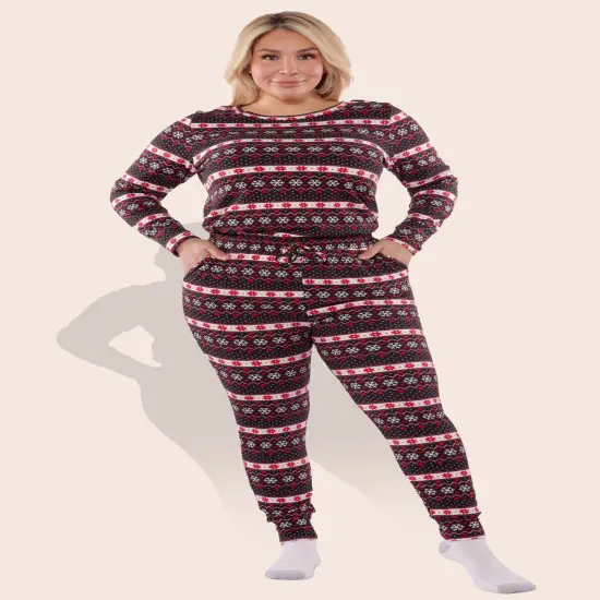 Women's Plus Size Holiday Fleece Lined Jumpsuit Onesie Black & Red {5}
