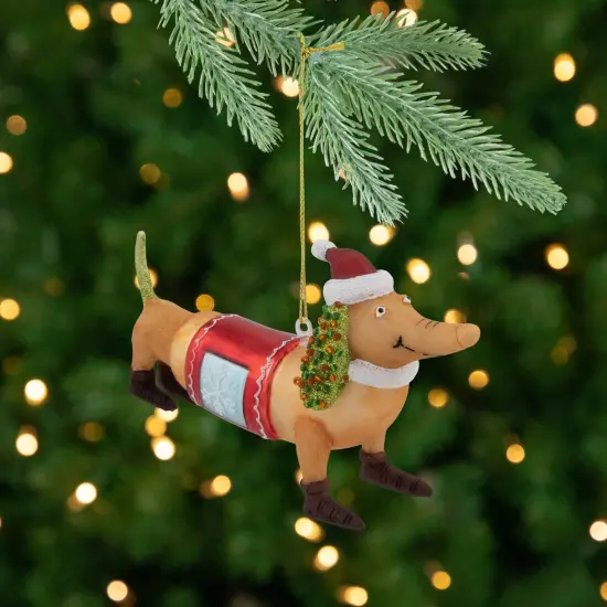 Northlight Dachshund Dog with Santa Hat Glass Christmas Ornament- 5.75" Brown {1}