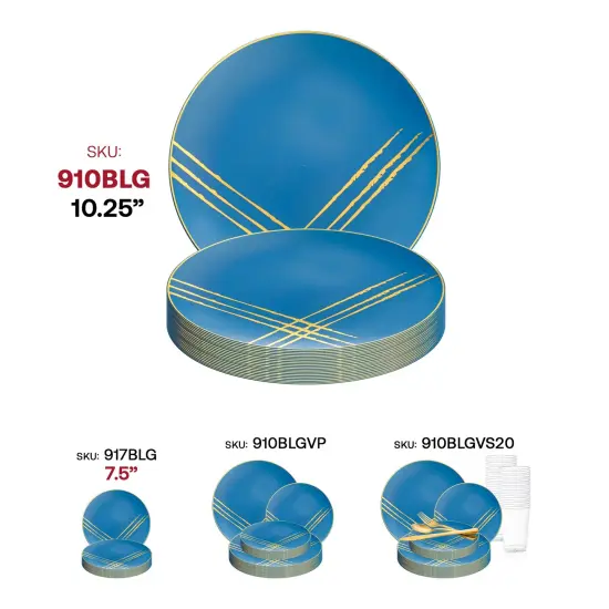 Blue with Gold Brushstroke Round Disposable Plastic Dinner Plates - 10.25" (120 Plates) {6}