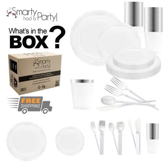 Clear with Silver Vintage Disposable Plastic Tableware Set (120 Settings) {1}