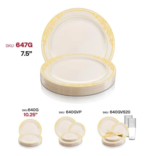 Ivory with Gold Harmony Rim Plastic Appetizer/Salad Plates - 7.5" (120 Plates) {6}