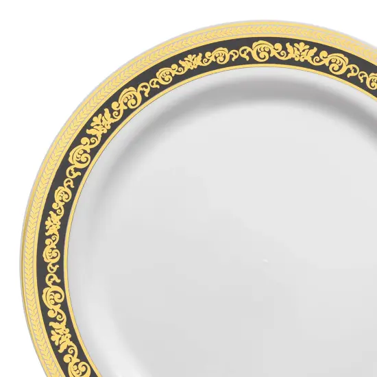 White with Black and Gold Royal Rim Plastic Dinner Plates - 10.25" (120 Plates) {1}