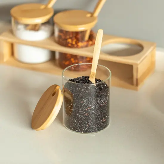 Basicwise 3-Piece Glass Containers with Bamboo Lids and Tray Holder &ndash; Decorative Storage for Condiment Pots and Spice Jars - Coffee Station Accessories, Perfect Organizer for Home Kitchen or Caf&eacute; {4}