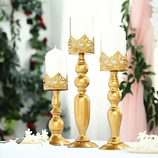 3 pcs Gold Metal Lacy Trim Glass Candle Holders Party Centerpieces {3}