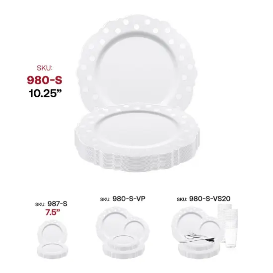 White with Silver Dots Round Blossom Disposable Plastic Dinner Plates - 10.25" (120 Plates) {6}