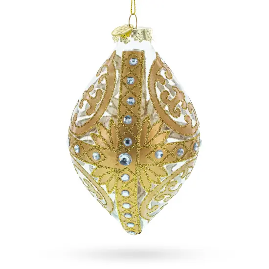 Gold Scroll with Jewel Accents Elegant Rhombus Finial Glass Christmas Ornament {1}