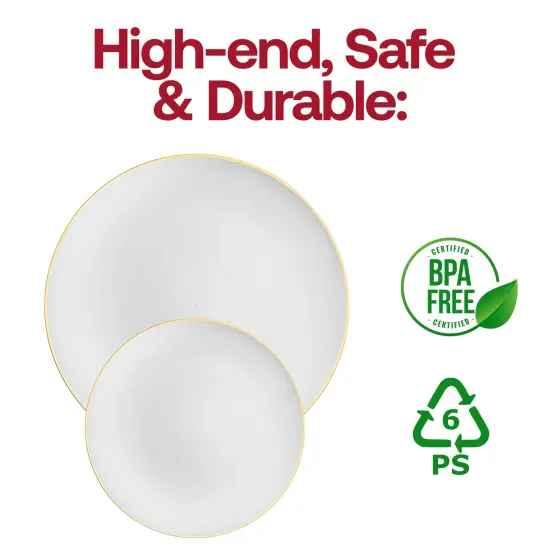 White with Gold Rim Organic Round Disposable Plastic Appetizer/Salad Plates - 7.5" (120 Plates) {5}