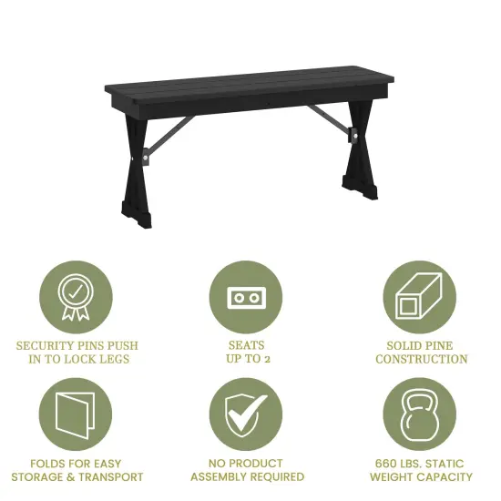 Merrick Lane Tinsley 40" x 12" Solid Pine Folding Farmhouse Style Bench, Rustic Pinewood Folding Dining Bench with Locking X-Legs Black Wash {4}