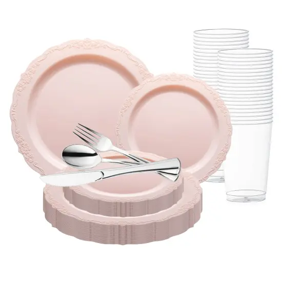 Pink Vintage Round Disposable Plastic Wedding Value Set (20 Settings) {1}