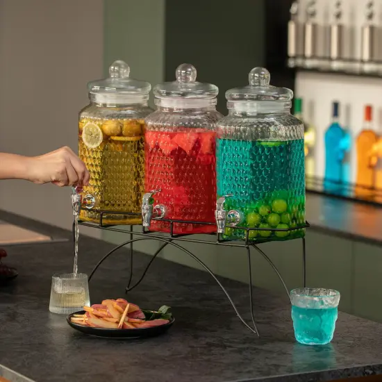 Basicwise 3-Piece Glass Drink Dispenser Set with Metal Stand and Stainless Steel Spigot - Beverage Dispensers for Lemonade, Juice, Water, Iced Tea, and Punch - Ideal for Tea Party and Other Occasions {3}